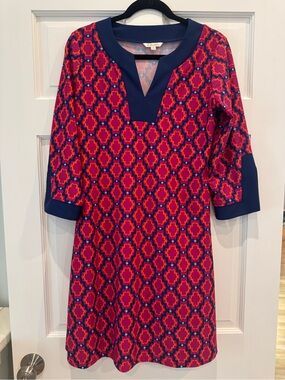 All For Color Navy Trim Dress with Pink and Red Geometric Print
